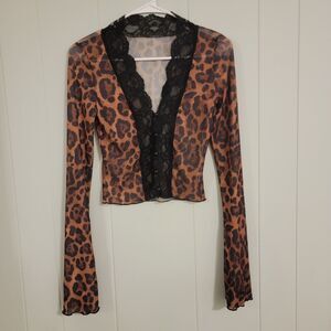 Y2K Womens Cropped Mesh Top Size Medium Leopard Print Lace Trim Button Up Bell